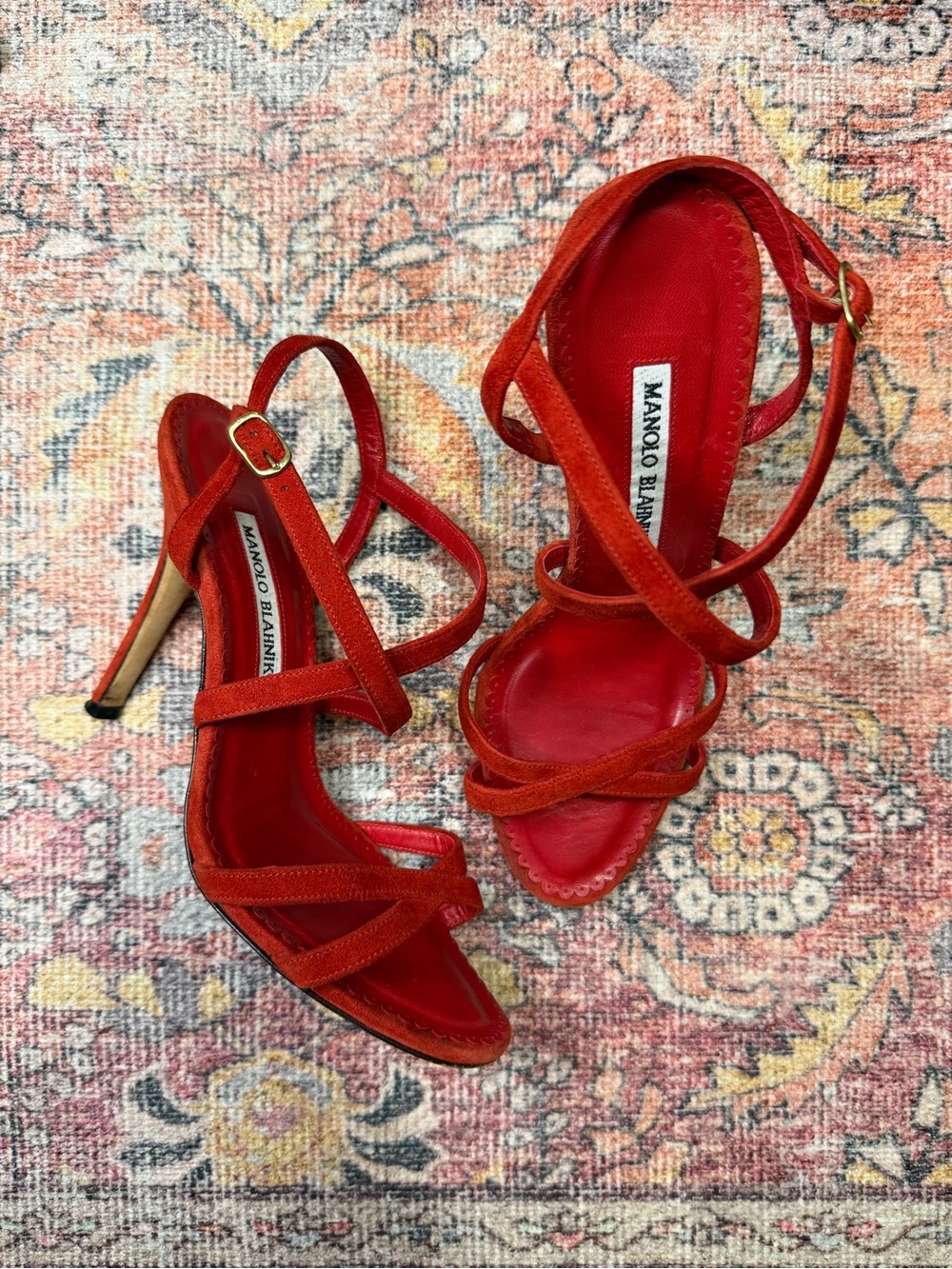Manolo Blahnik Poppy Red Suede Strappy High Heel Sandals